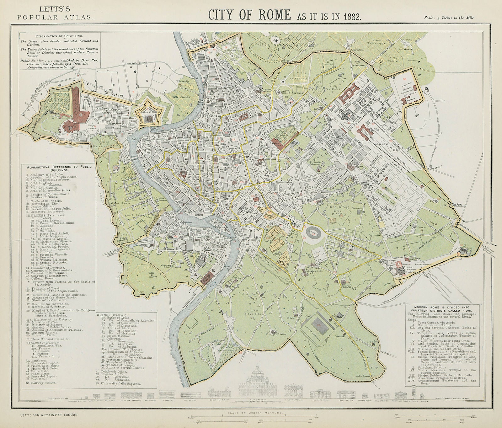 ROME ROMA antique town city map plan. Building profiles. LETTS 1884 old